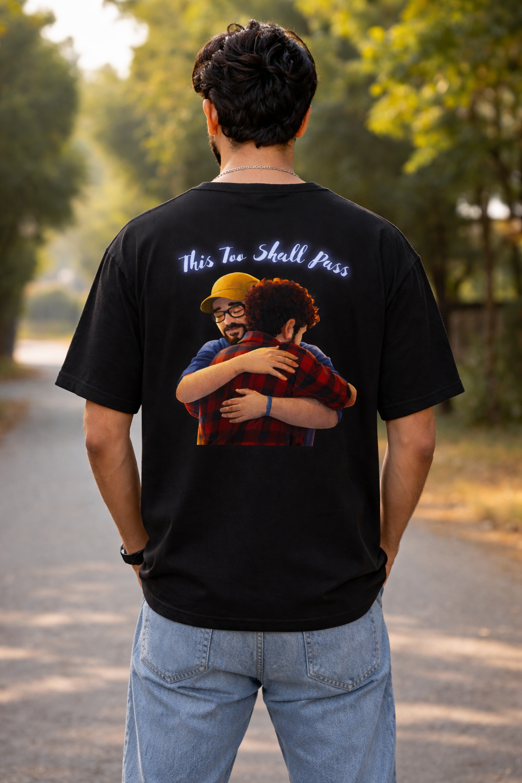 Samay Raina & Balraj Ghai “This Too Shall Pass” Hug Graphic Oversized T-Shirt