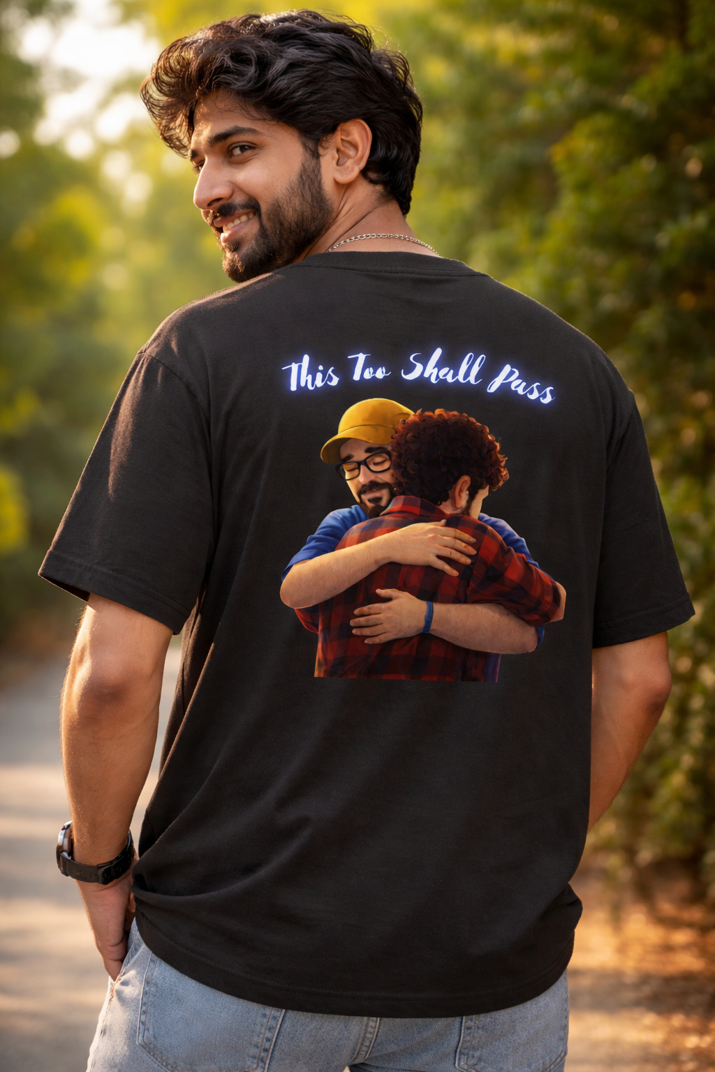 Samay Raina & Balraj Ghai “This Too Shall Pass” Hug Graphic Oversized T-Shirt